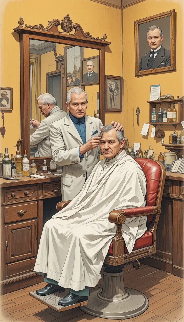 Bald barber cutting clients hair in classic barbershop