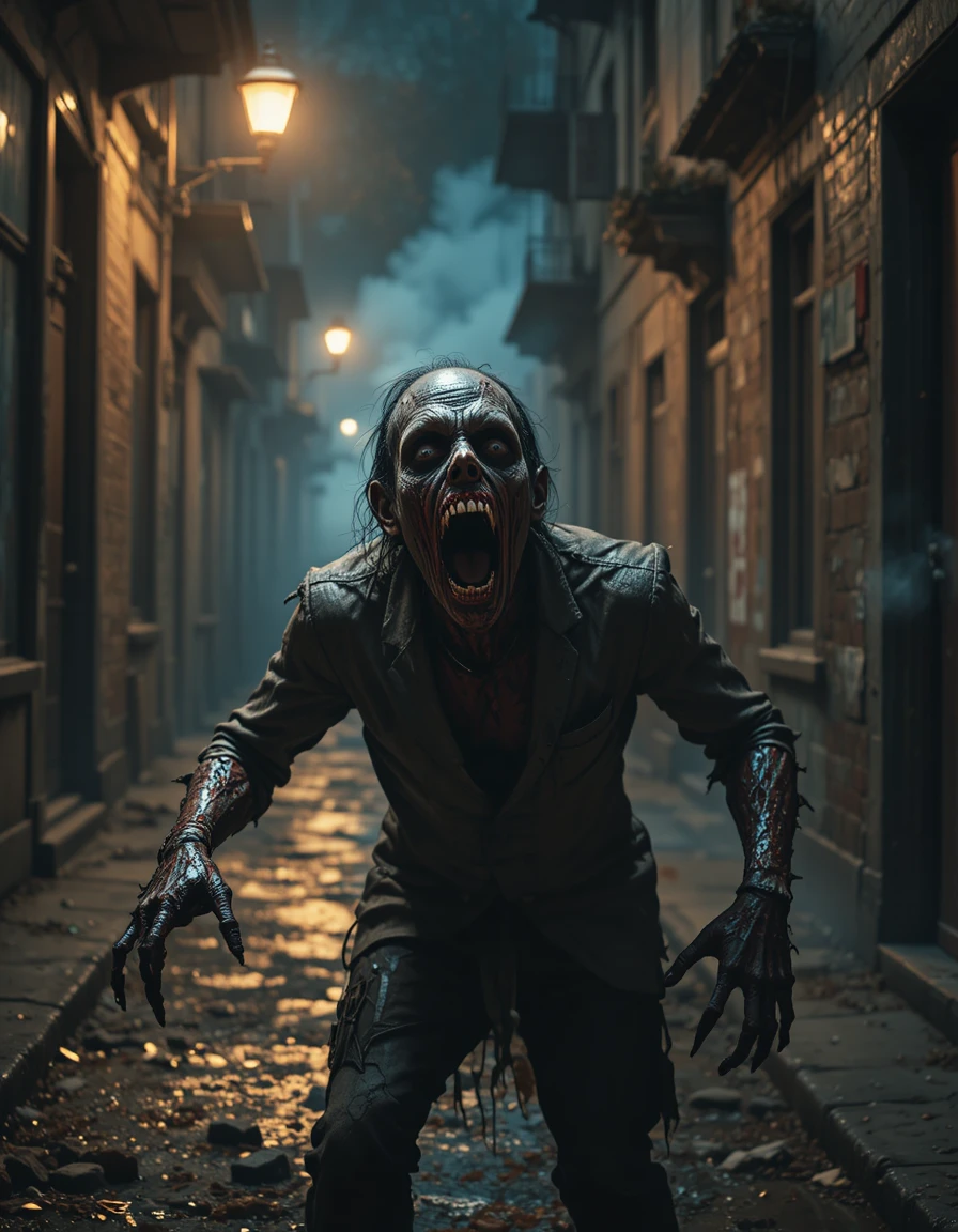 Rotting zombie lunging in a dark foggy urban alley