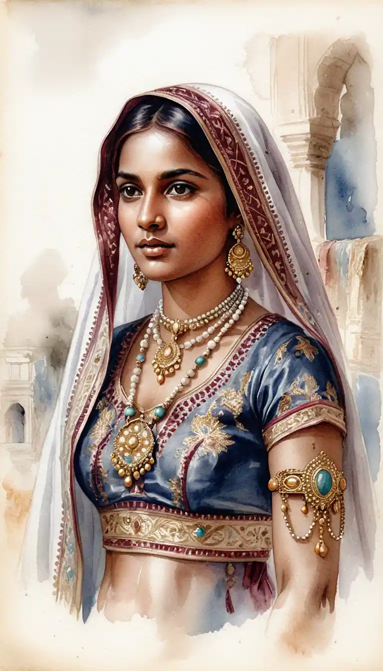 Vintage watercolor portrait of an elegant jeweled woman