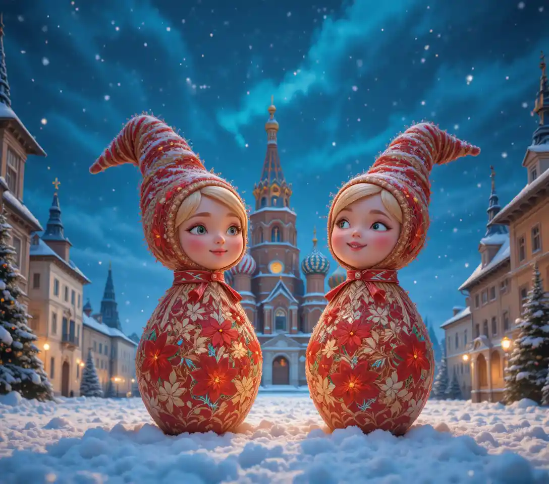 Festive matryoshka dolls with Christmas lights in snowy Moscow