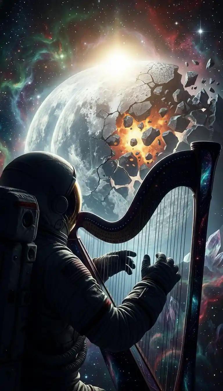 Astronaut Playing A Celestial Harp Before A Shattered Moon