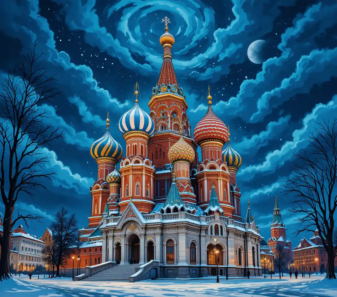 Cathédrale russe illuminée sous un ciel nocturne d’hiver étoilé
