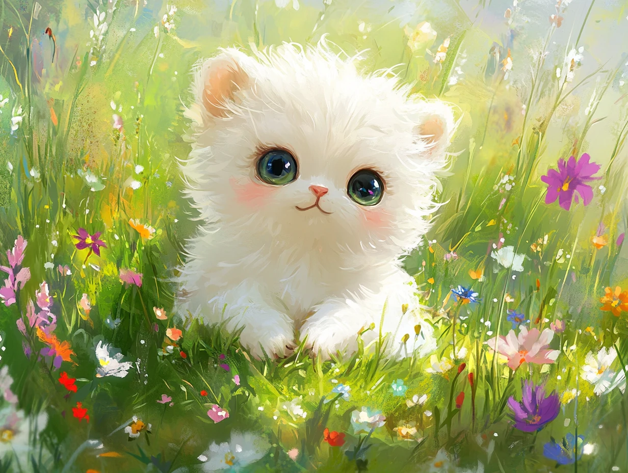 Adorable bébé animal blanc dans un pré fleuri et lumineux