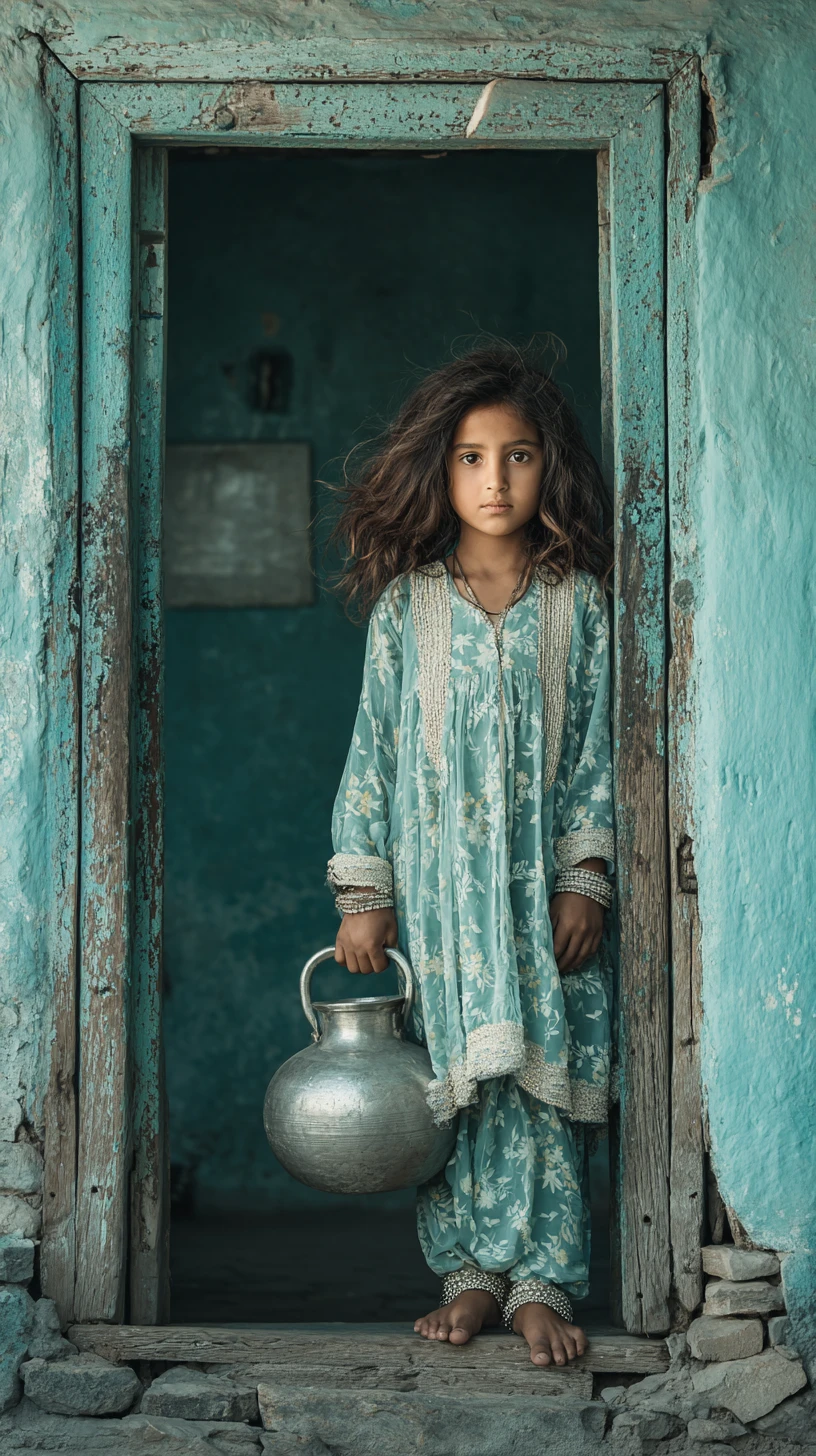 Young girl framed in blue doorway with metal water vessel