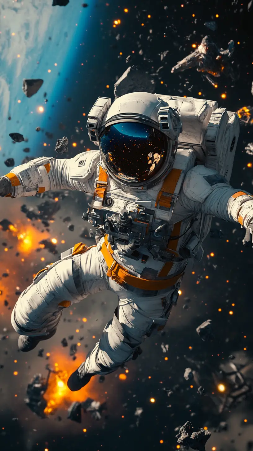 Futuristic astronaut soaring through a chaotic space battle