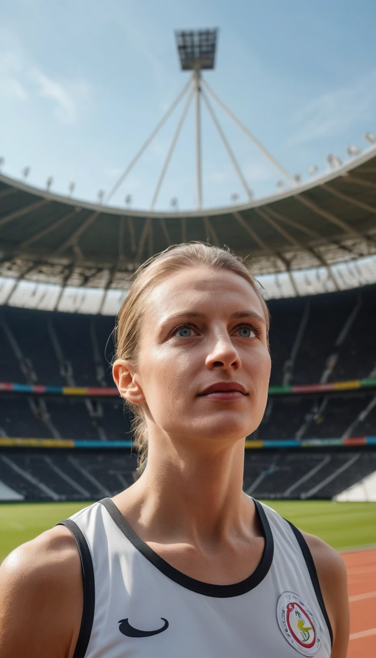 Female javelin thrower poised to launch in olympic stadium