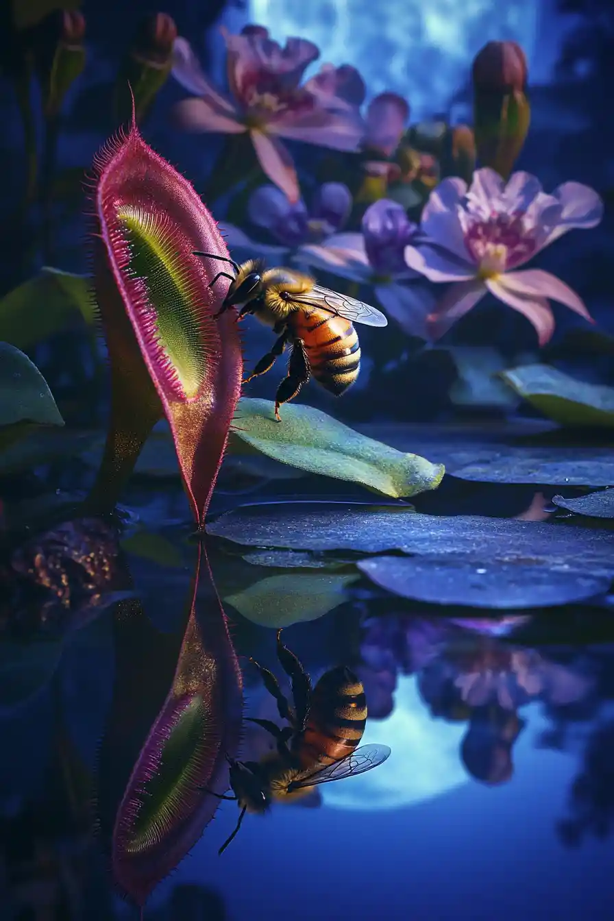 Moonlit carnivorous plant luring a close up bee