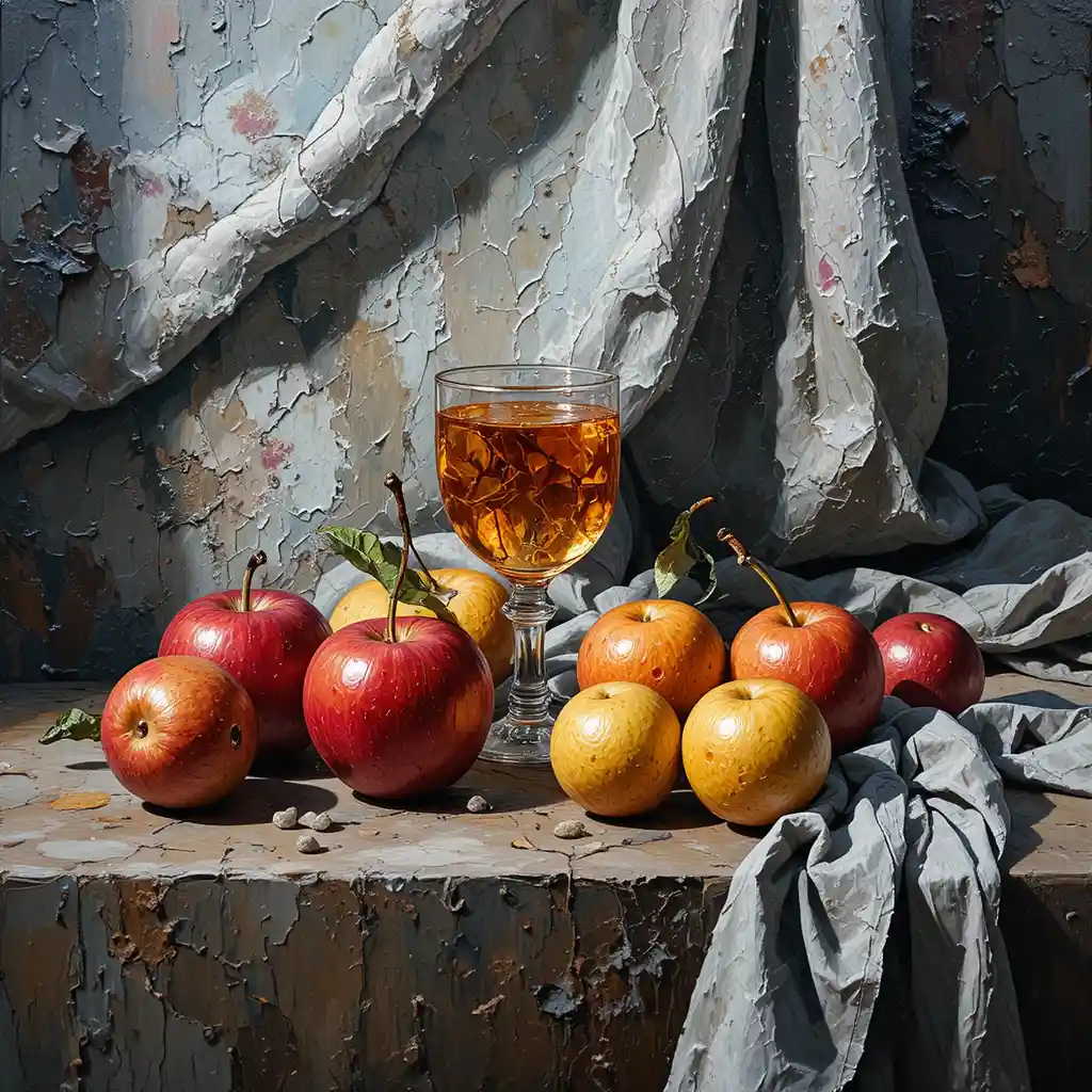 Dramatic still life of fruit glass and fabric with bold lighting