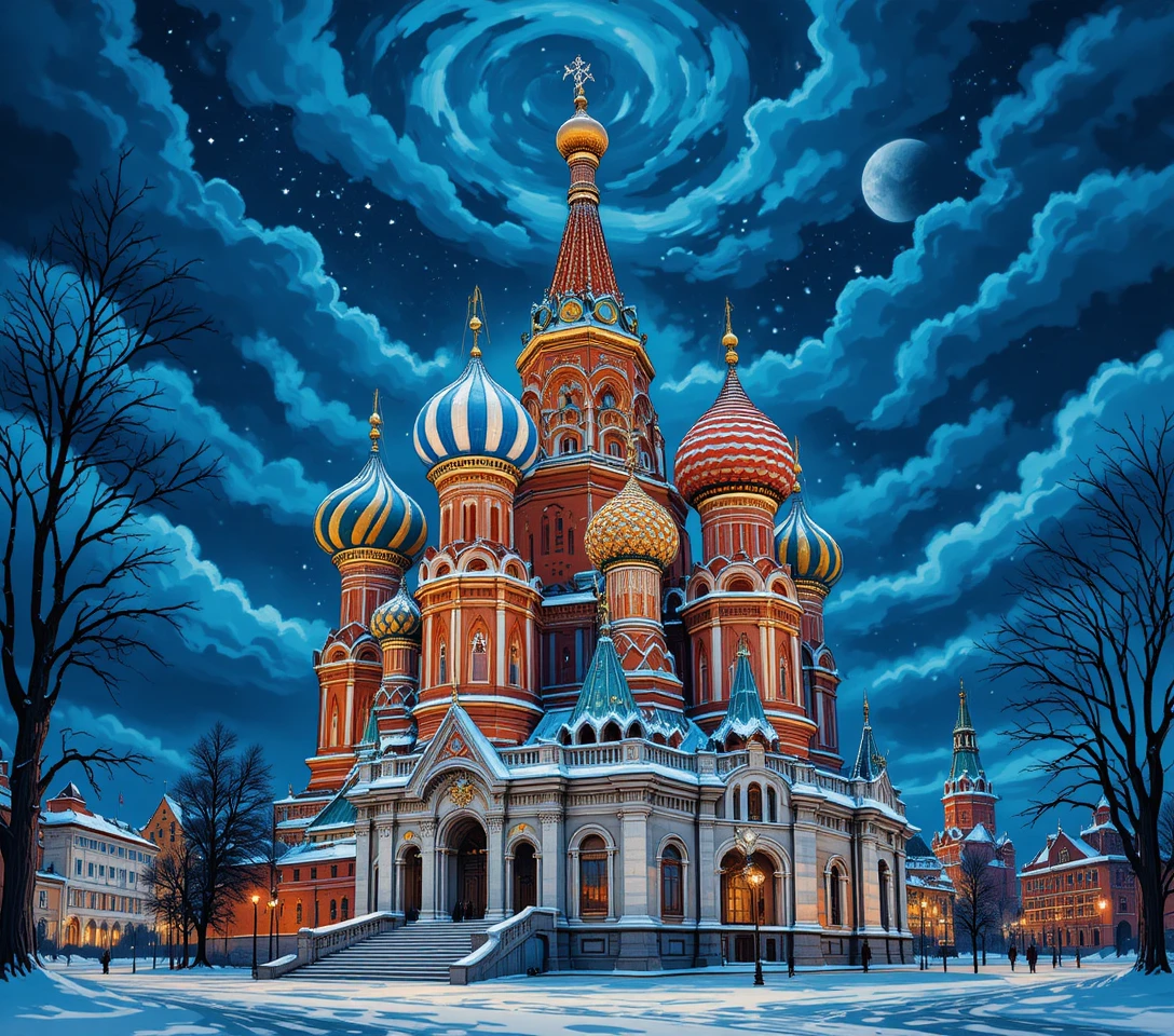 Illuminated Russian cathedral under a starry winter night sky