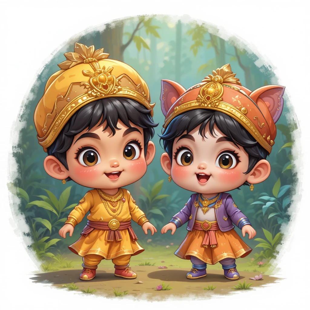 Two cute cartoon monkeys playing together in the jungle