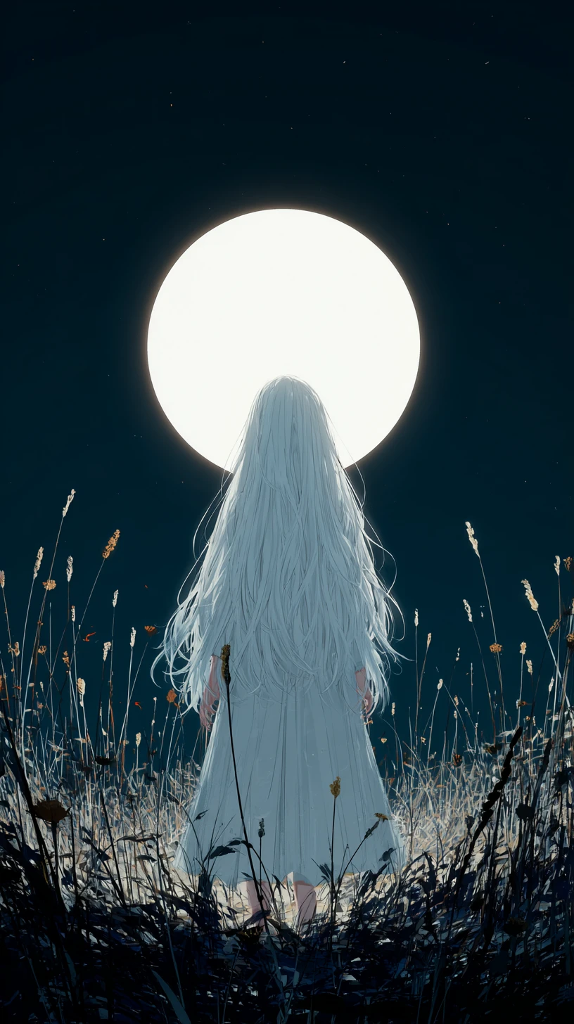 Donna dai capelli luminosi che contempla la luna piena