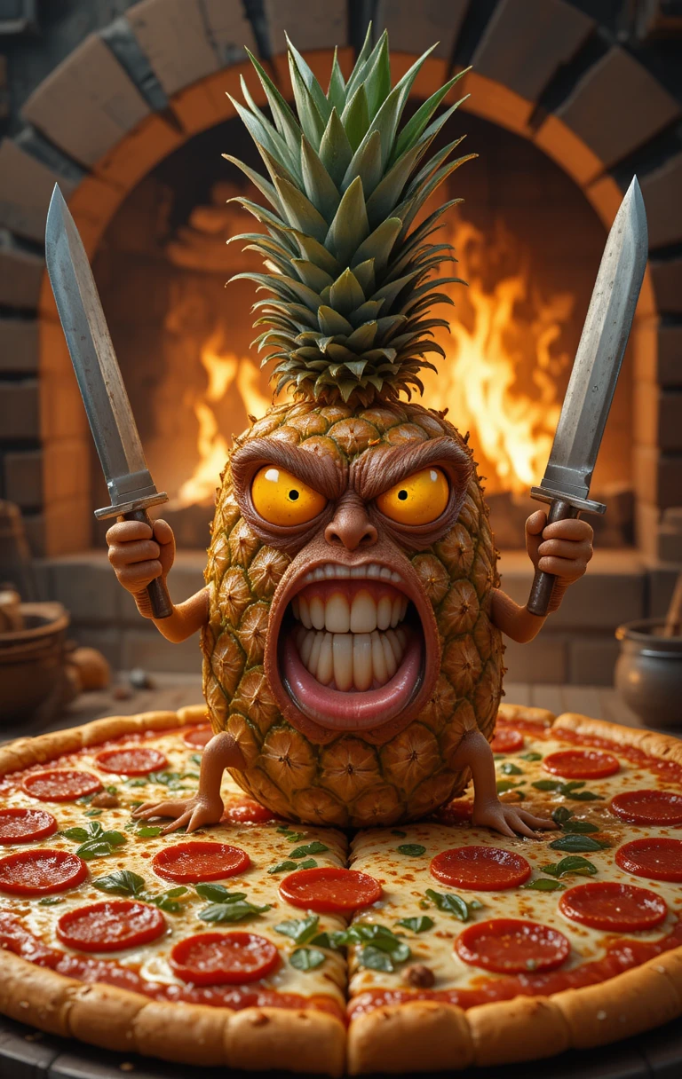 Angry pineapple with knives on pepperoni pizza by oven