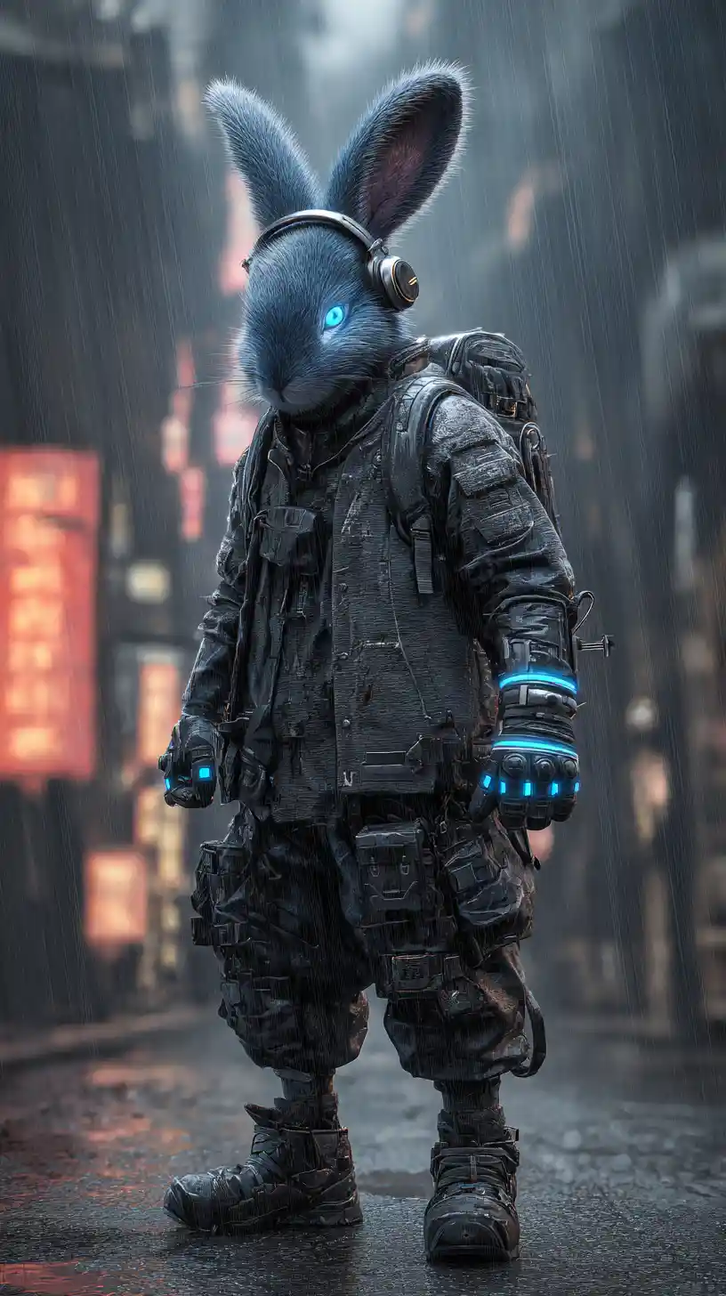 Cyberpunk rabbit warrior glowing in a rainy neon alley