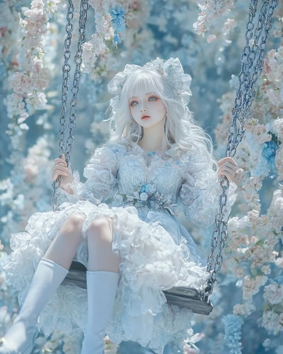 Chica de fantasía encantadora en un columpio ornamentado entre flores