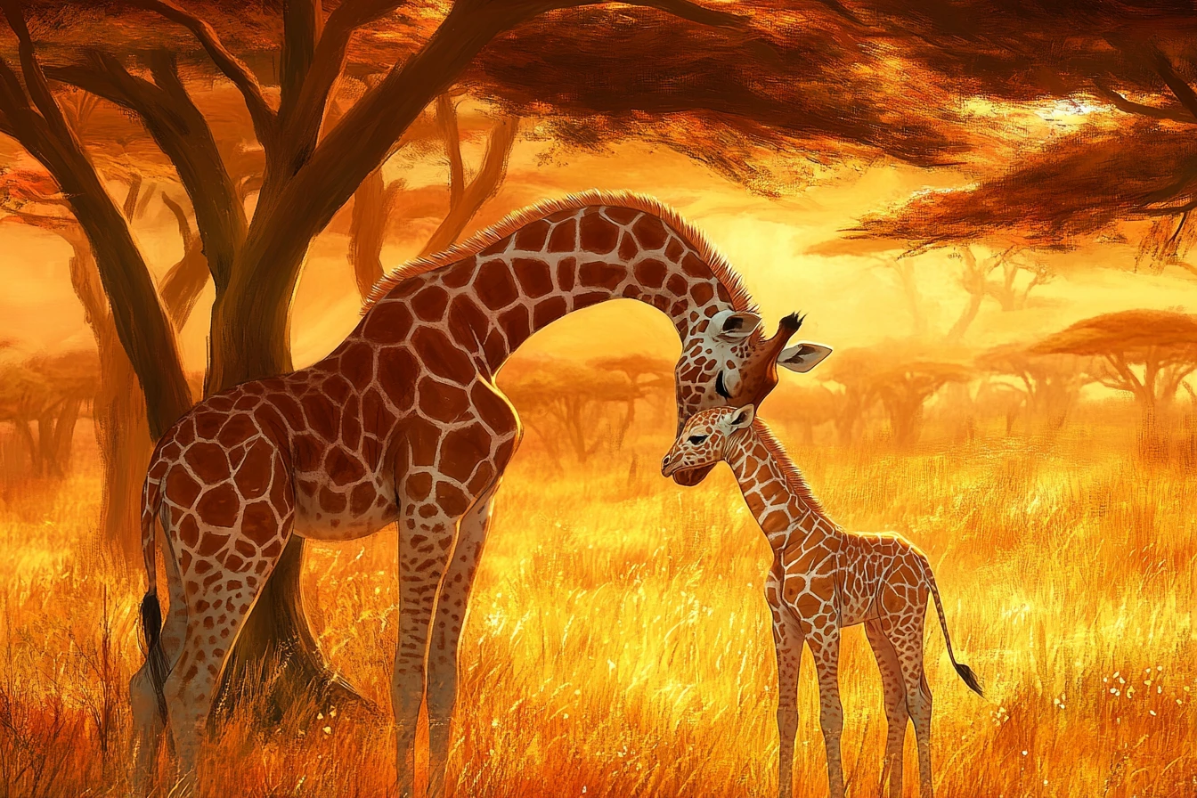 Bébé girafe blotti contre sa mère au coucher du soleil