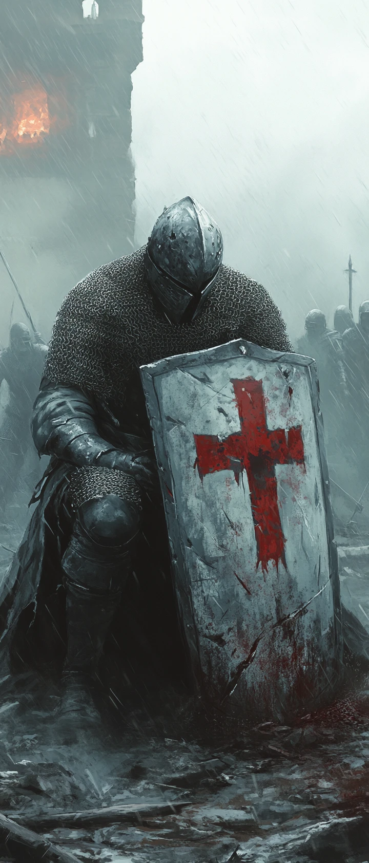 Weary templar knight leaning on a greatshield in fog