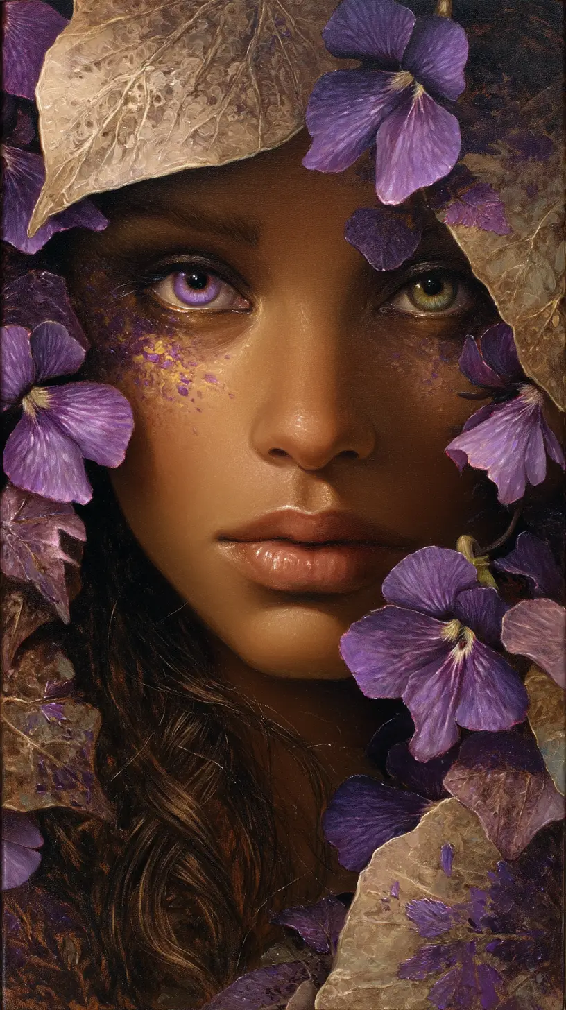 Surreal woman emerging from African violets in dreamlike light