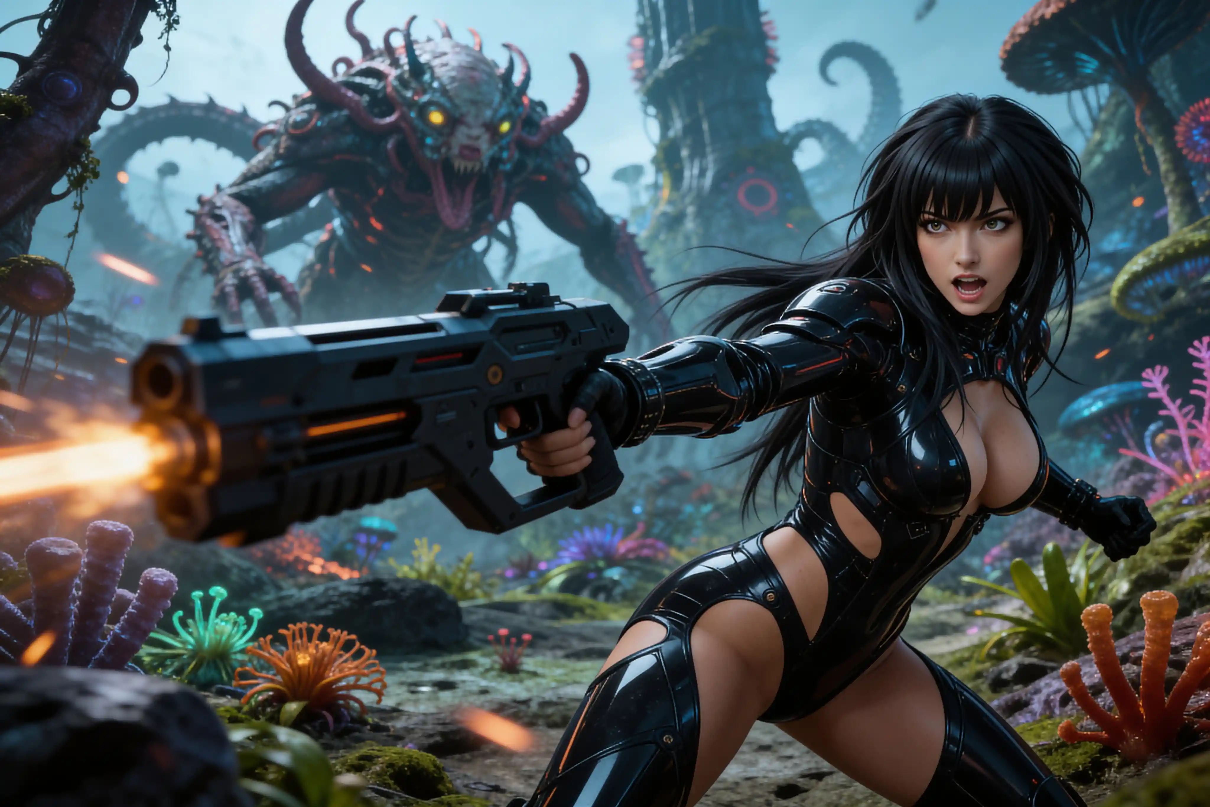 Female sci fi warrior fighting in a hostile alien world