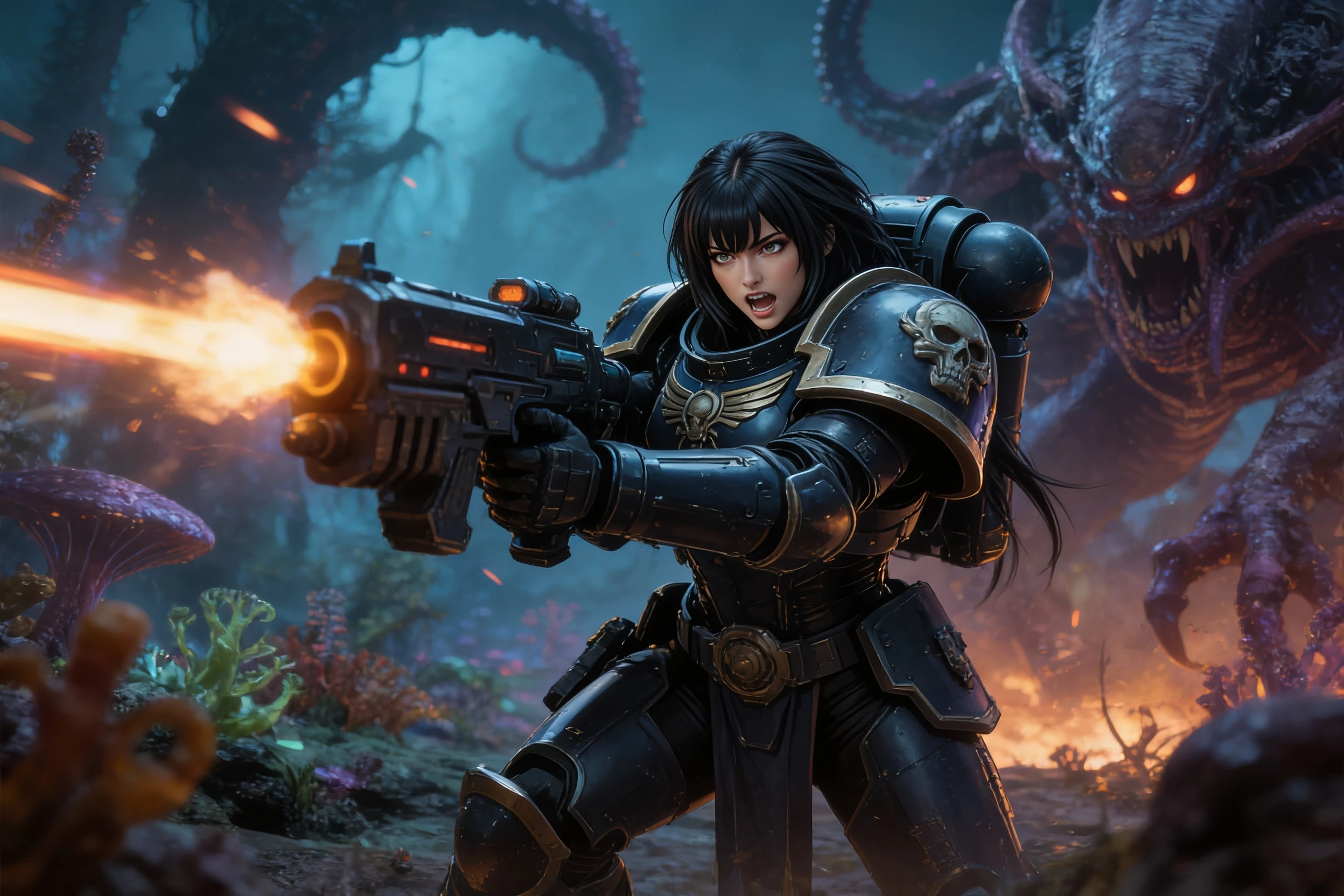 Space marine warrior battling on a hostile alien world
