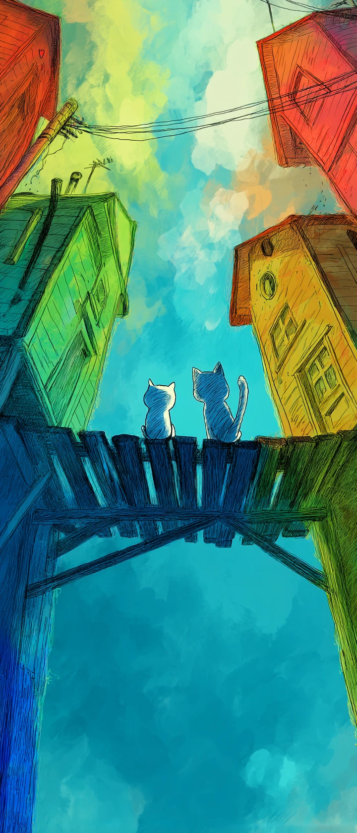 Gato y perro de anime dibujando un puente arcoíris mágico