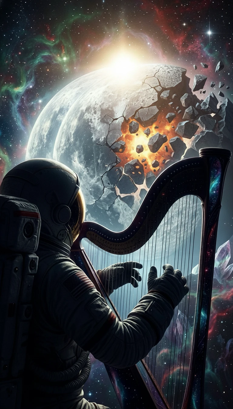 Astronaut Playing A Celestial Harp Before A Shattered Moon