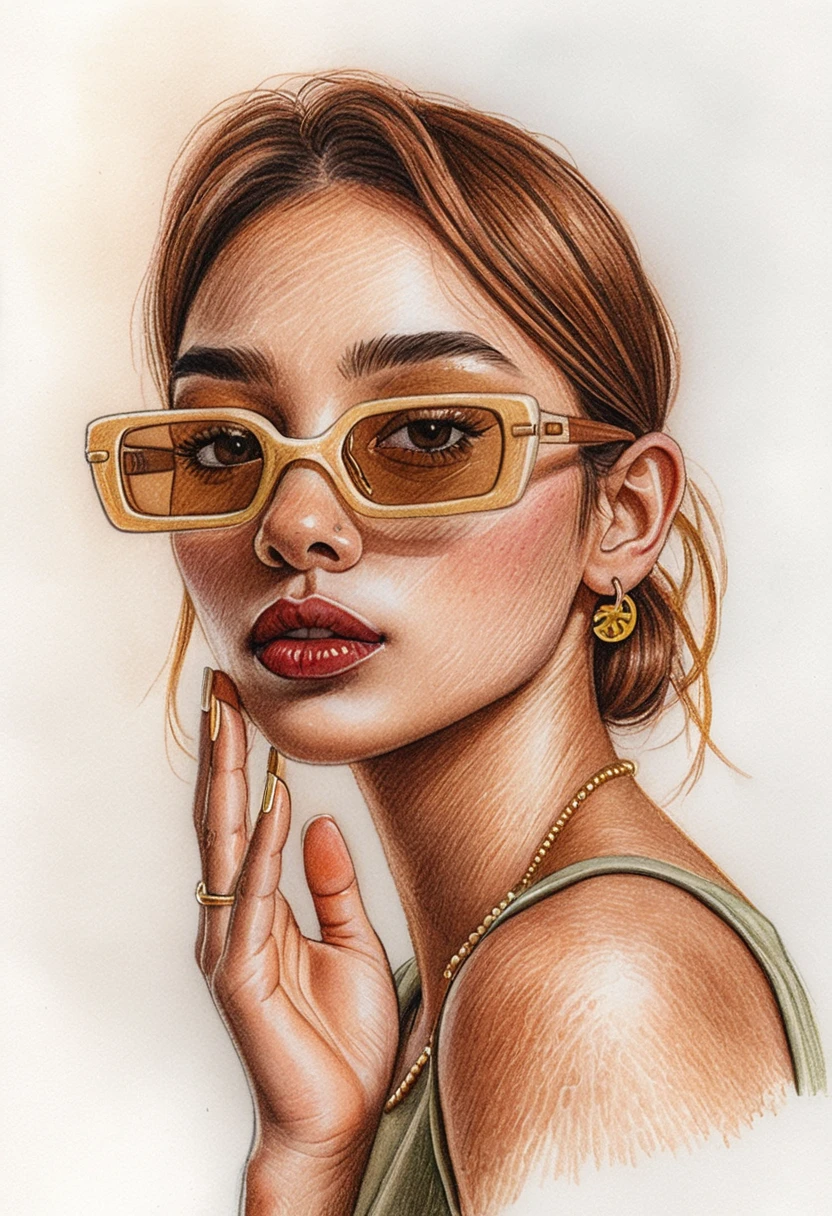 Porträt einer stylischen jungen Frau mit Retro-Sonnenbrille und Schmuck