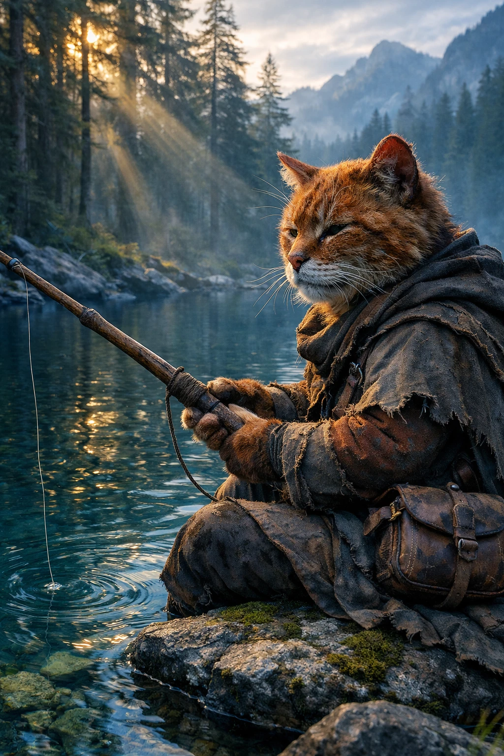 Regal Wanderer Cat Fishing By A Mountain Lake