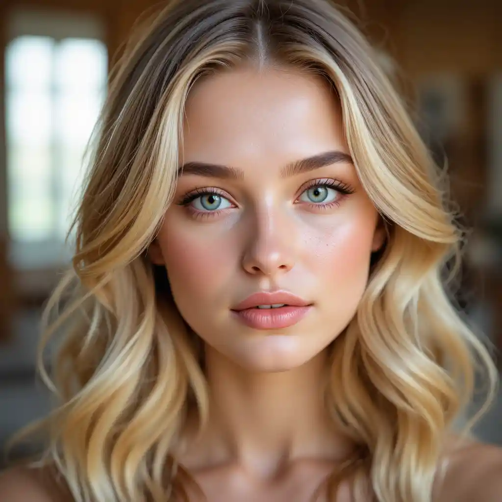 Close up portrait of a young woman with green eyes