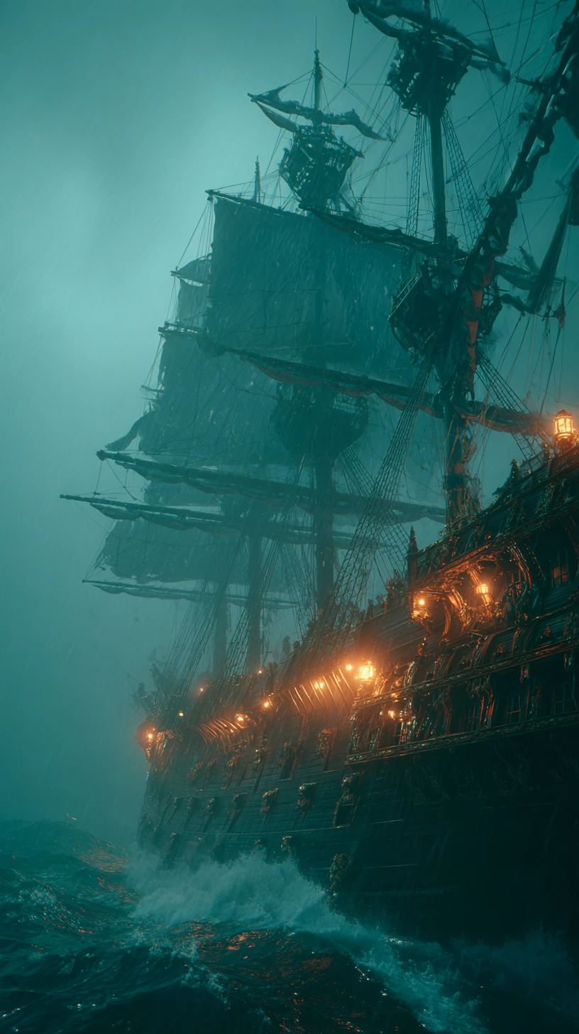 Ghost pirate ship battling stormy seas under cosmic sky