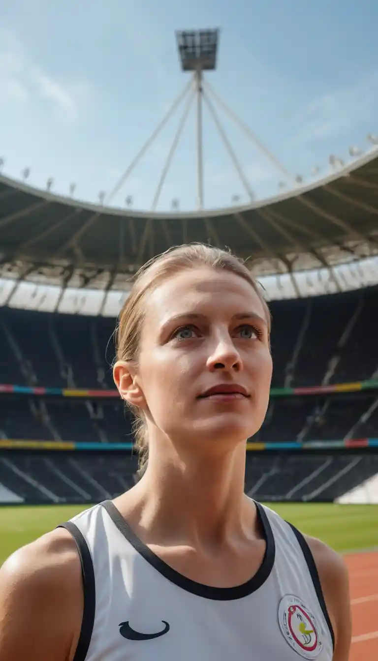 Female javelin thrower poised to launch in olympic stadium