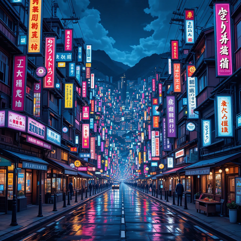 Colorful neon city street in manga illustration style