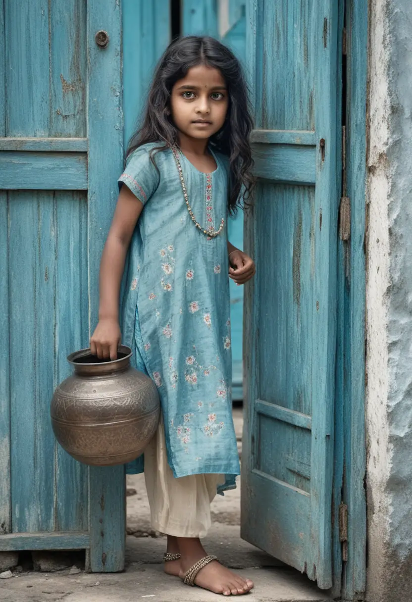 Young girl in blue doorway holding a metal water vessel
