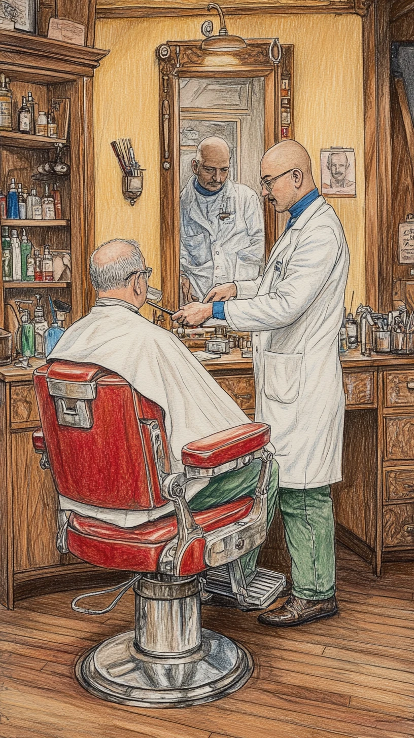Glatzköpfiger Barber schneidet einem älteren Kunden die Haare im Barbershop