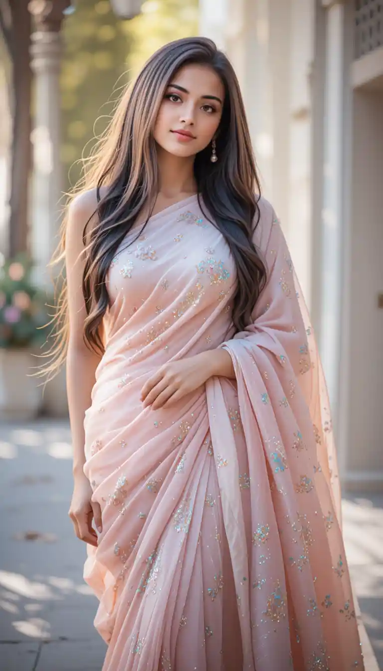 South Indian woman in pastel saree with gentle smile
