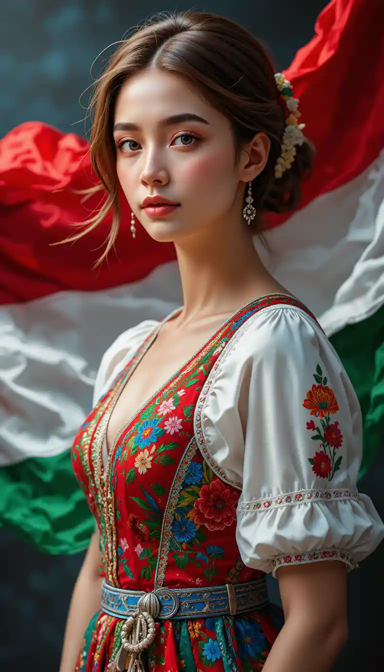 Hungarian woman in folk dress before a waving flag