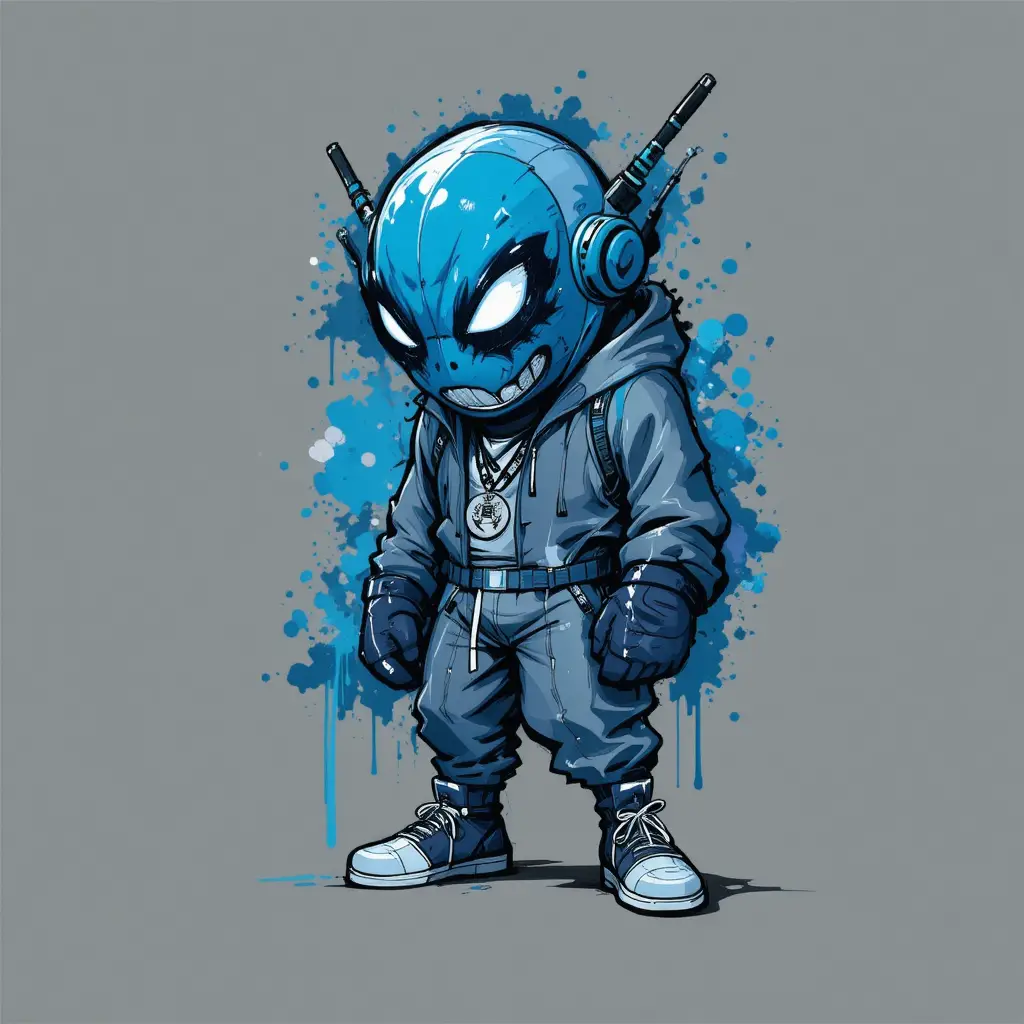 Graffiti character sketch with blue spray paint accents