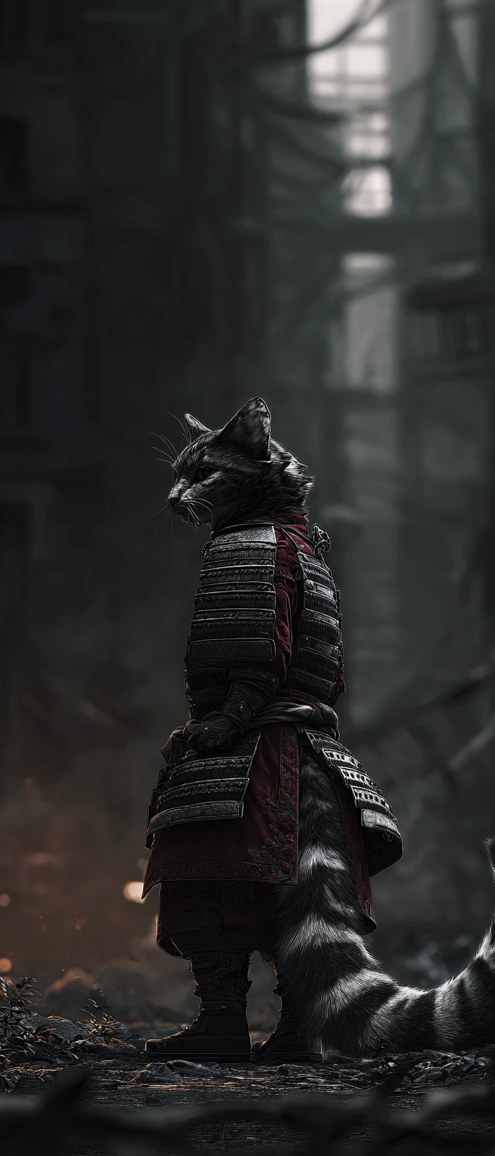 Samurai cat in armor facing a ruined winter city