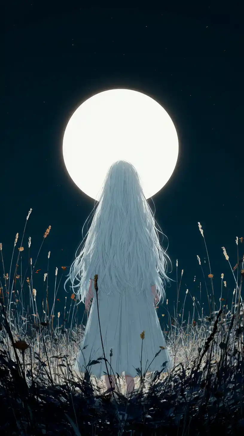 Donna dai capelli luminosi che contempla la luna piena
