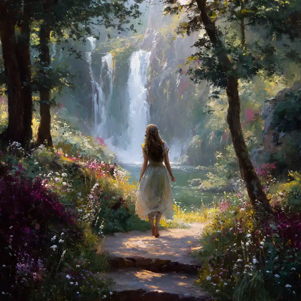 Giovane donna che cammina sotto una cascata su un sentiero nel bosco