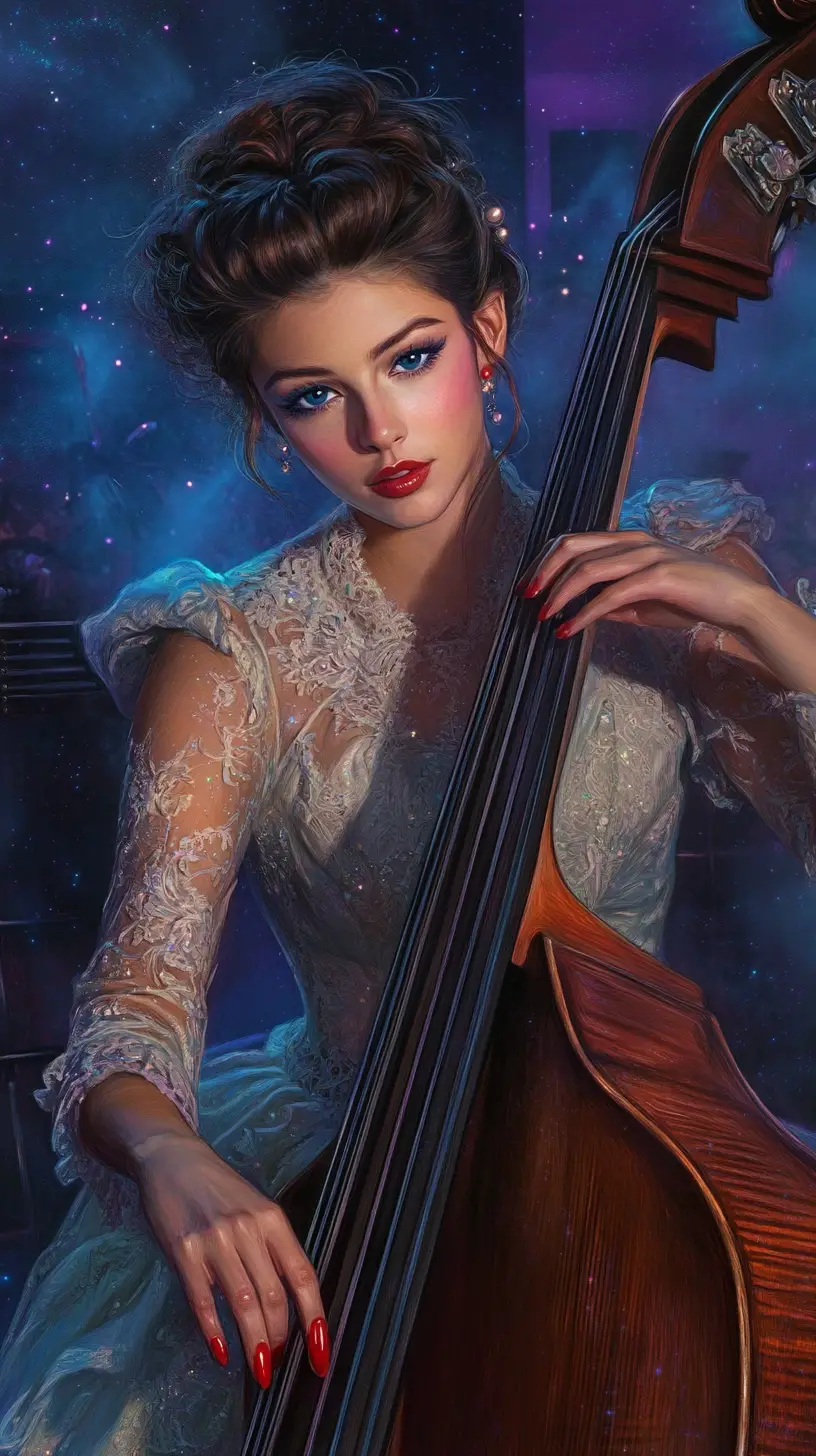 Surreal woman playing double bass in a luminous concert hall