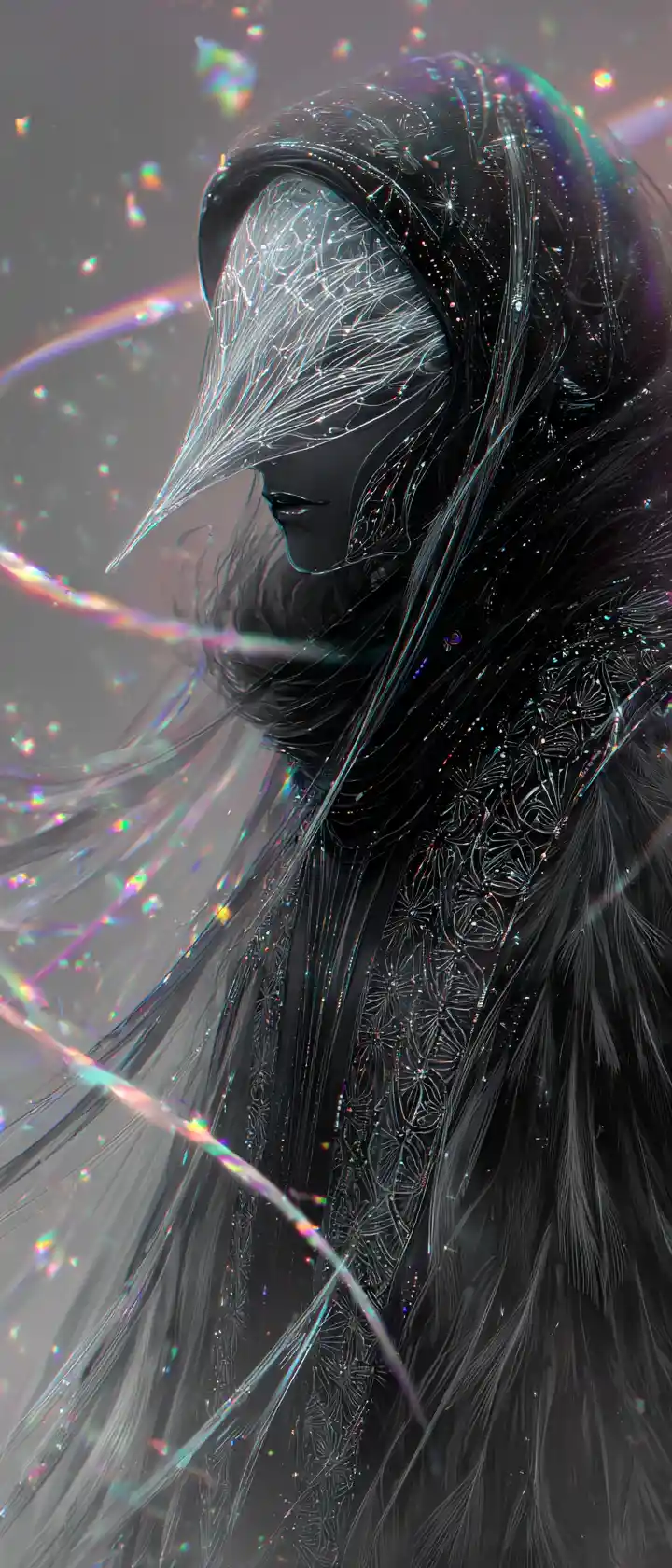 Masked spirit in a black feathered robe with glowing patterns
