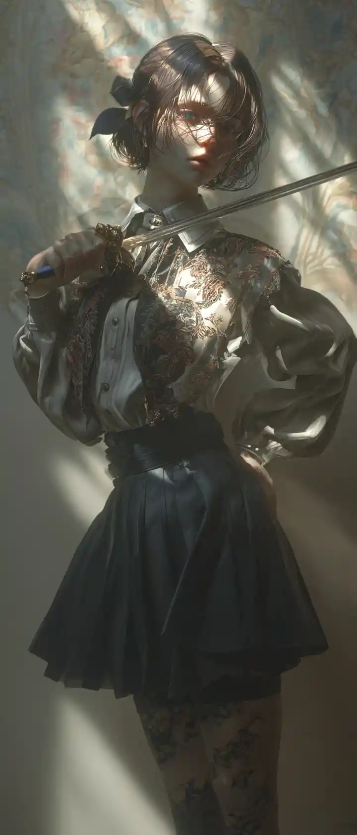 Retrato 3D de mulher elegante empunhando espada em chiaroscuro