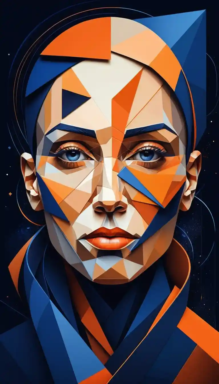 Abstract geometric cubist portrait in blue and orange