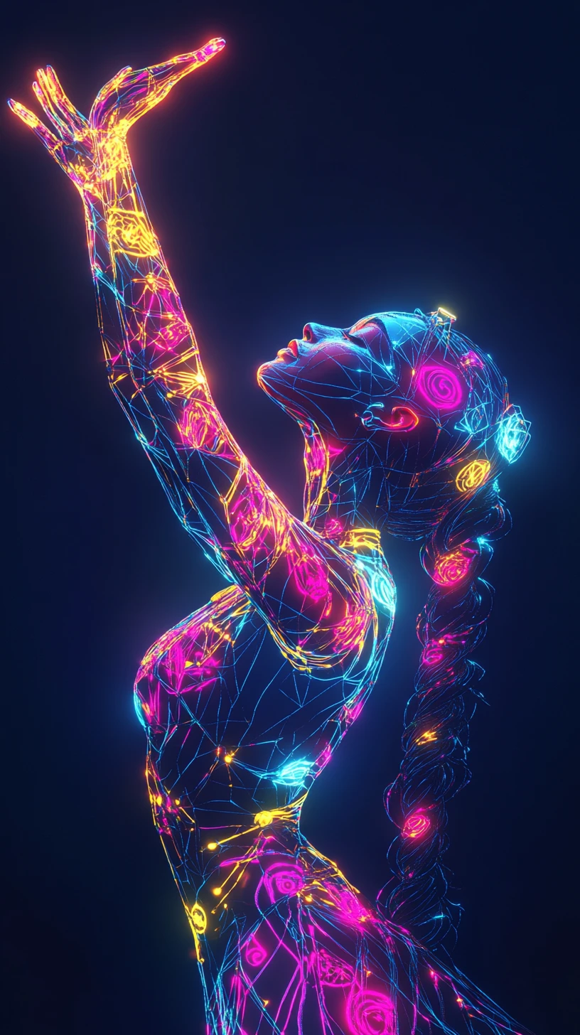 Neon outlined dancing woman in glowing abstract void