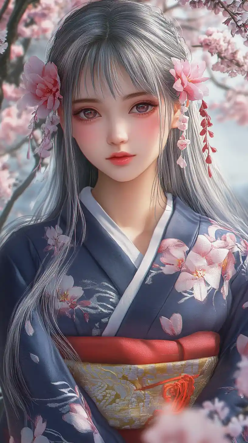 Silver haired anime girl in kimono among cherry blossoms
