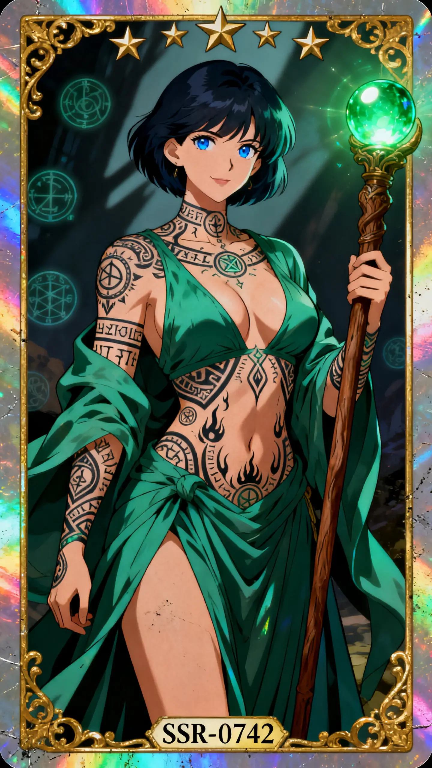 Tattooed emerald mage woman on holographic tarot card