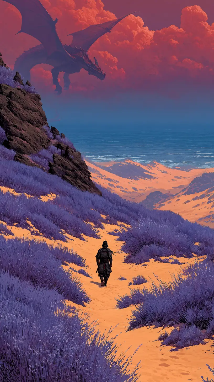 Lone samurai walking through vast dragon haunted dunes