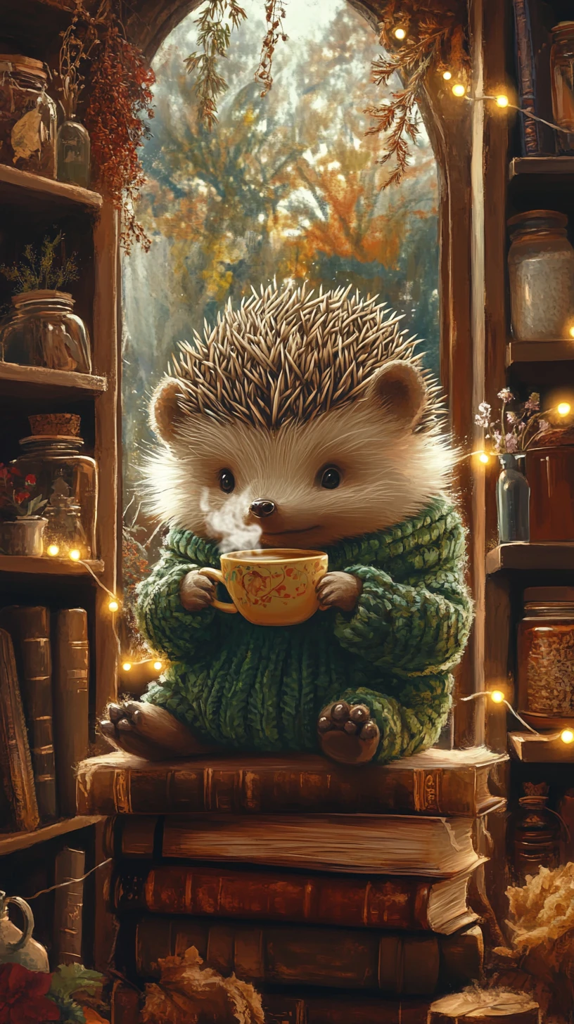 Erizo adorable con suéter bebiendo té sobre libros antiguos