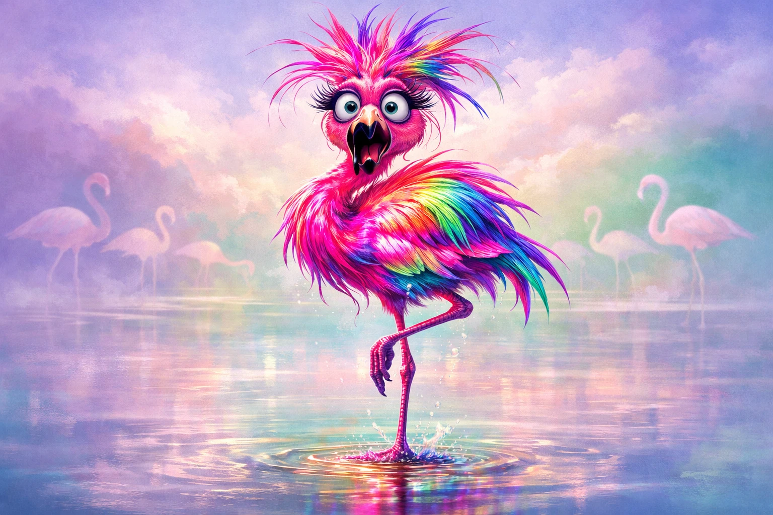 Neon Flamingo Balancing On One Leg In Shallow Water