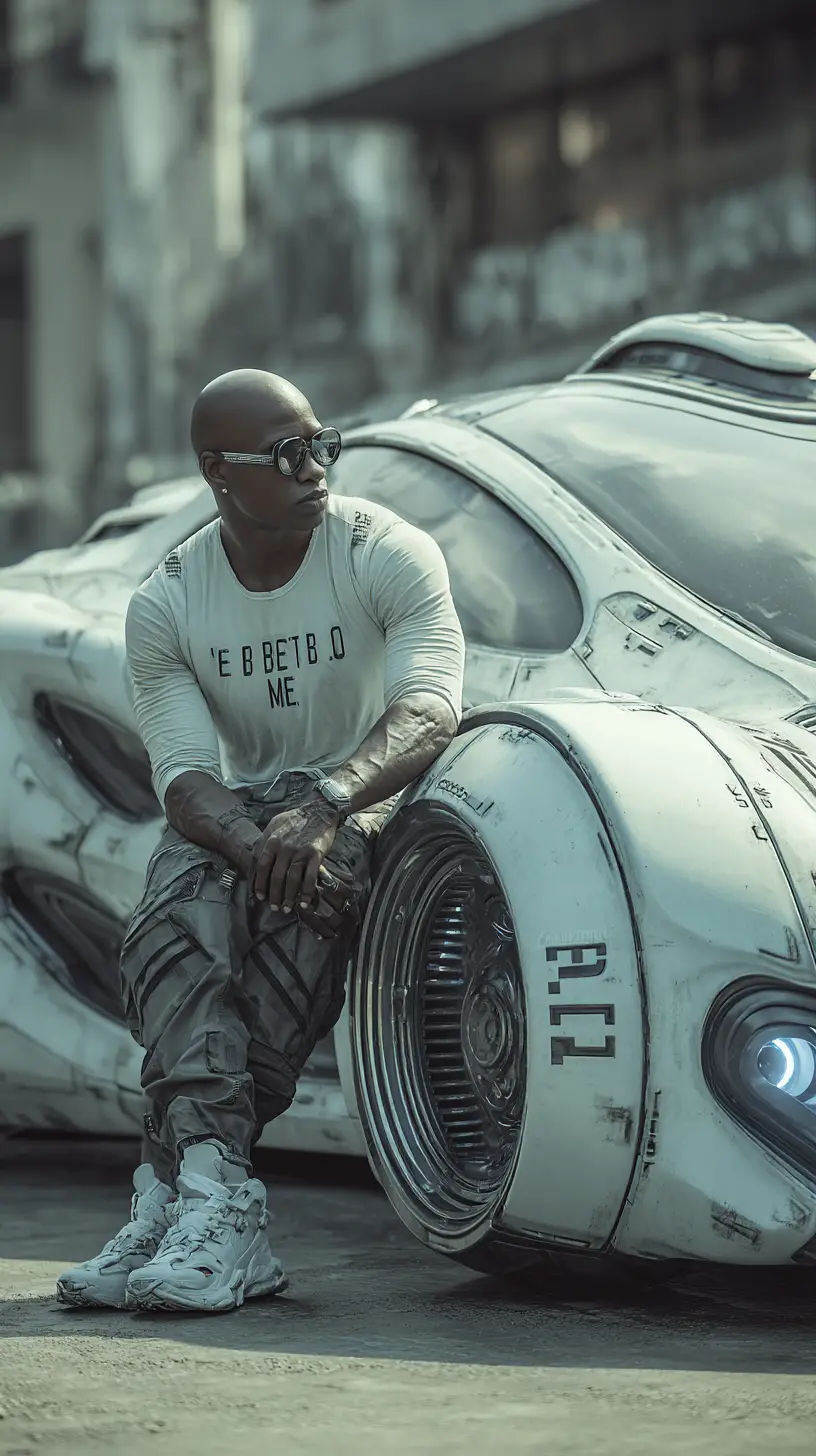 Confident bald man leaning on a sleek futuristic vehicle